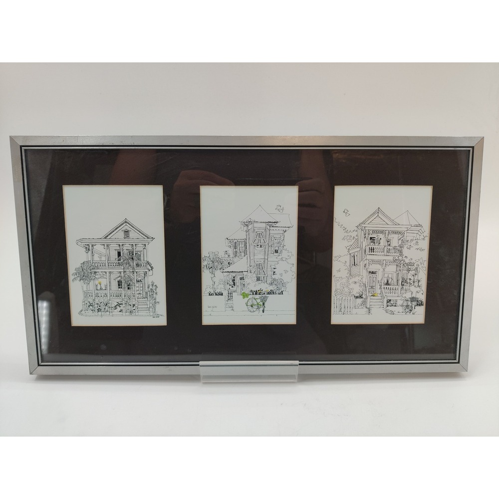Vintage Architectural Pen Ink Triptych Framed Victorian House Sketches 18x10
